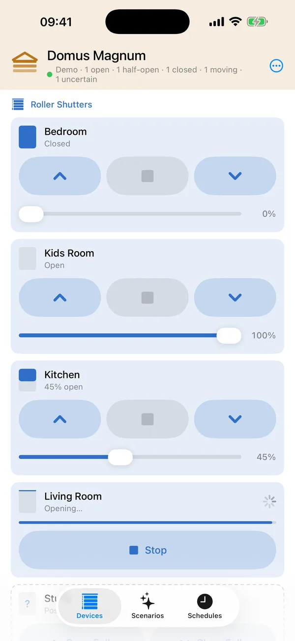 Domus Magnum, the My Higgins app replacement: kitchen shutter moving to 45%